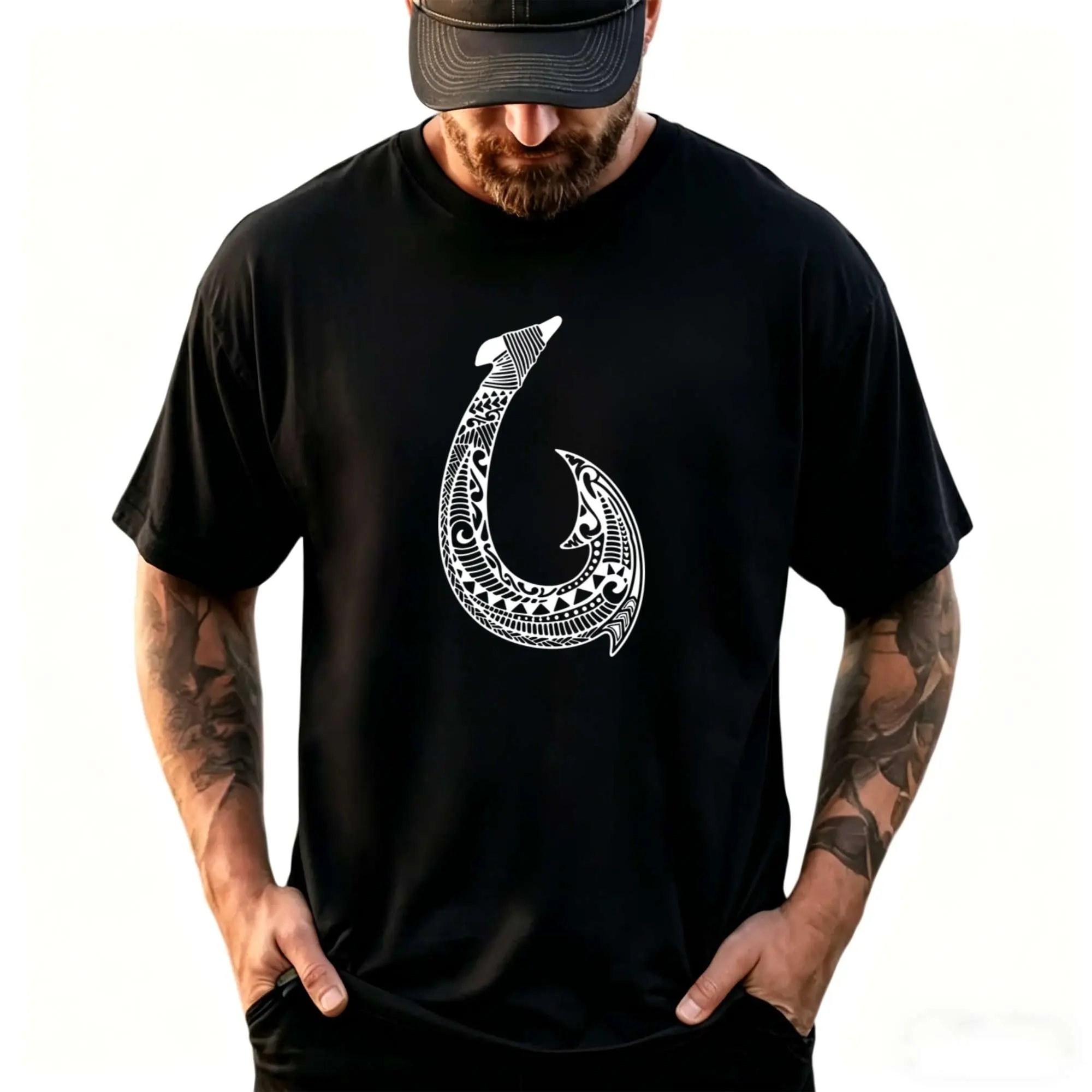 Polynesian Fishhook Tribal Print T-Shirt for Men, Outdoor Sports Casual Crew Neck Short Sleeve Top