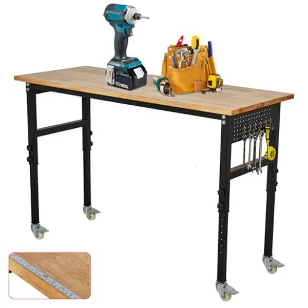 GARVEE 48"X24" Heavy Duty Steel Frame Workbench, 29.5"-39.4" Adjustable Height Rubber Wood Table with Lockable Wheels, Pegboard Side, 2200 lbs Cap. for Garage, Workshop