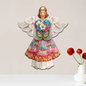 Designocracy 8155412H Angel-Shaped Crafted Hanging Decor, 24x18 in. Flower Heart Love-Themed Wooden Holiday Door-Wall-Window Piece, Home Decor Gift