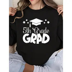 5th Grade Graduation 2024 Crew Neck Long Sleeve Sweatshirt for Girls with Printed Cap & Gown Design Cute Elementary School Graduate Gift Soft Comfortable Top