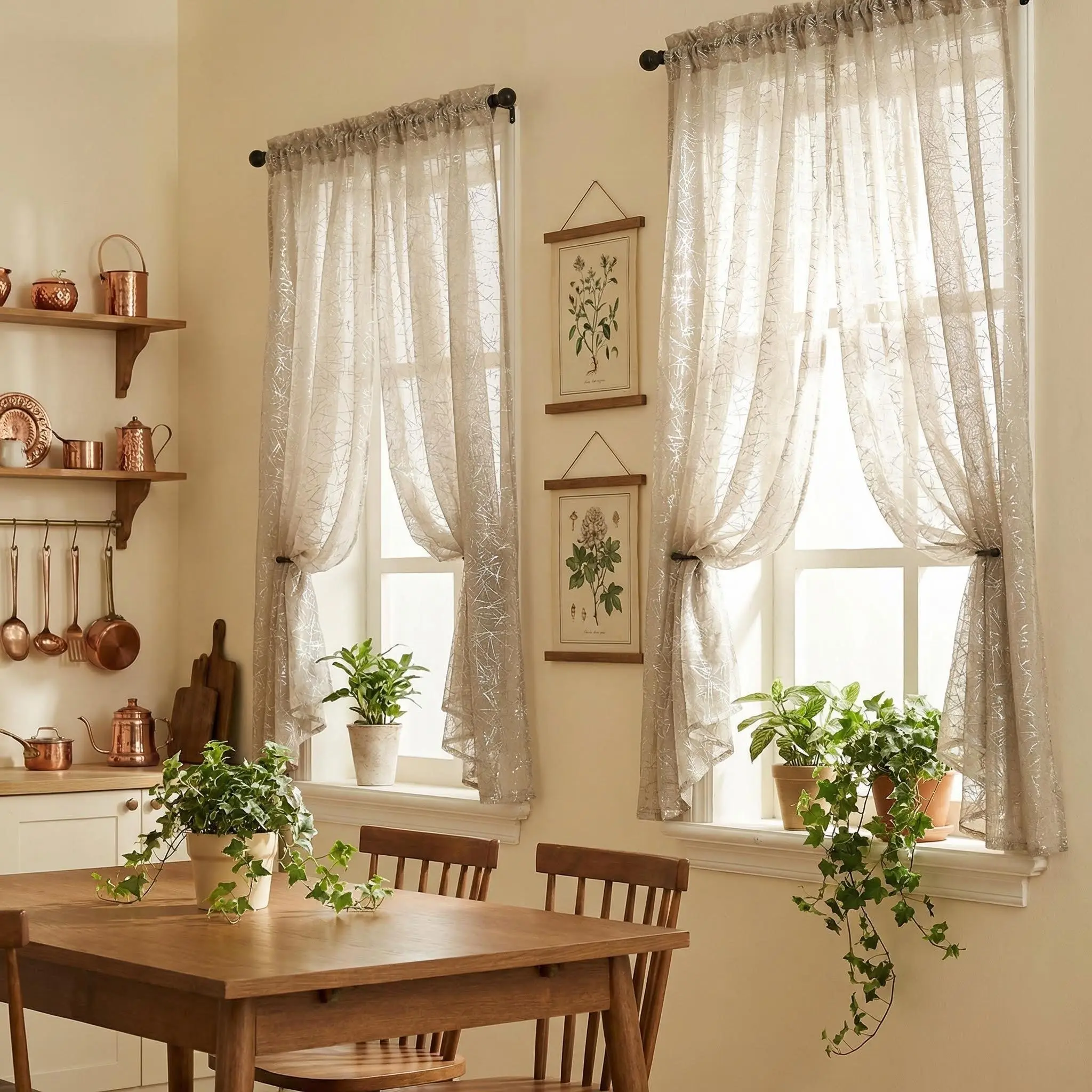 Non-Customised Light Filtering Curtains 4-Piece Set, 52"X63" Foil Silver Metallic Sheer Rod Pocket Drapes, Rustic Modern Exquisite Pattern, Soft Breathable Flat Weave Indoor Curtains for Bedroom, Kitchen, Home Decor FT5001, Hand Wash Only