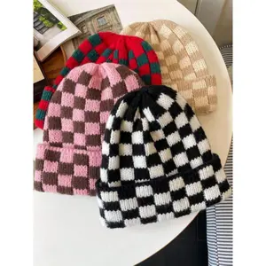 Unisex Fall and Winter Beanie Hat, Casual Fitted Knit Cap with Colorblock Plaid Design, Warm Outdoor Accessory for Christmas Pairing