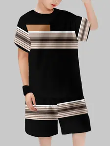 Trendy Boy Short Sleeve Round Neck Set, Silver Striped Patchwork, Casual Fitted Two-Piece, Cartoon Pattern, Youth Fashion
