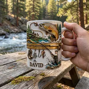 Personalized Fishing Mug for Dad, Custom Fisherman Coffee Cup, Faux Trout Fish Design, Father's Day Gift for Grandpa, Angler Gift, 2D Printed 3D Effect, gift for her, gift for him, gift for mom, gift for dad, gift for friend, birthday gift mug.