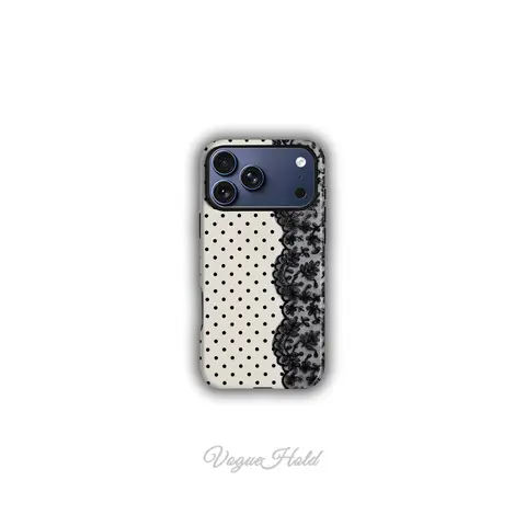 Black Polka Dot Lace Cellphone Case for iPhone 17/16/15/14/13/12/11 Pro Max/Plus/Pro - Military-Grade Shockproof Protective Smartphone Cover, Durable Anxiety-Relief Shell, MagSafe-Compatible, Fade-Resistant Vibrant Phone Accessories for Girls
