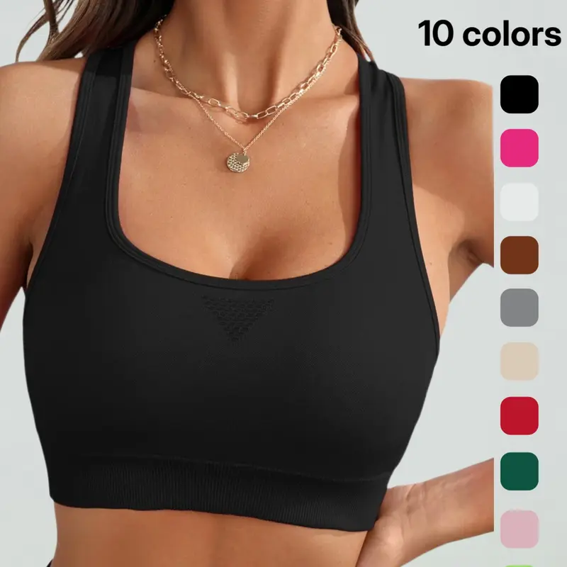 Women's Solid Sports Vest, Sporty High-Stretch Detachable Pad Crop Tank Top, Women's Sport & Outdoor Clothing for Summer, Sports Top for Yoga Gym Fitness, Fitness Training Top, Fitness Apparel, Activewear Clothes, Stretchy Workout Top