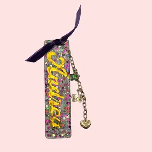 Aster Paper Co. Personalized Name Confetti Glitter Acrylic Charm Bookmark Handmade with Gold Name & Charms