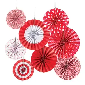 8" - 10" Red Hanging Paper Fan Assortment - 8 Pc.