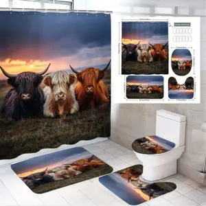 4pcs Rustic Highland Cattle Bathroom Set, Includes Majestic Cow Design Shower Curtain & Mat, The floor mat fabric is thicker and softer! Perfect for Nature Lover Home Decoration