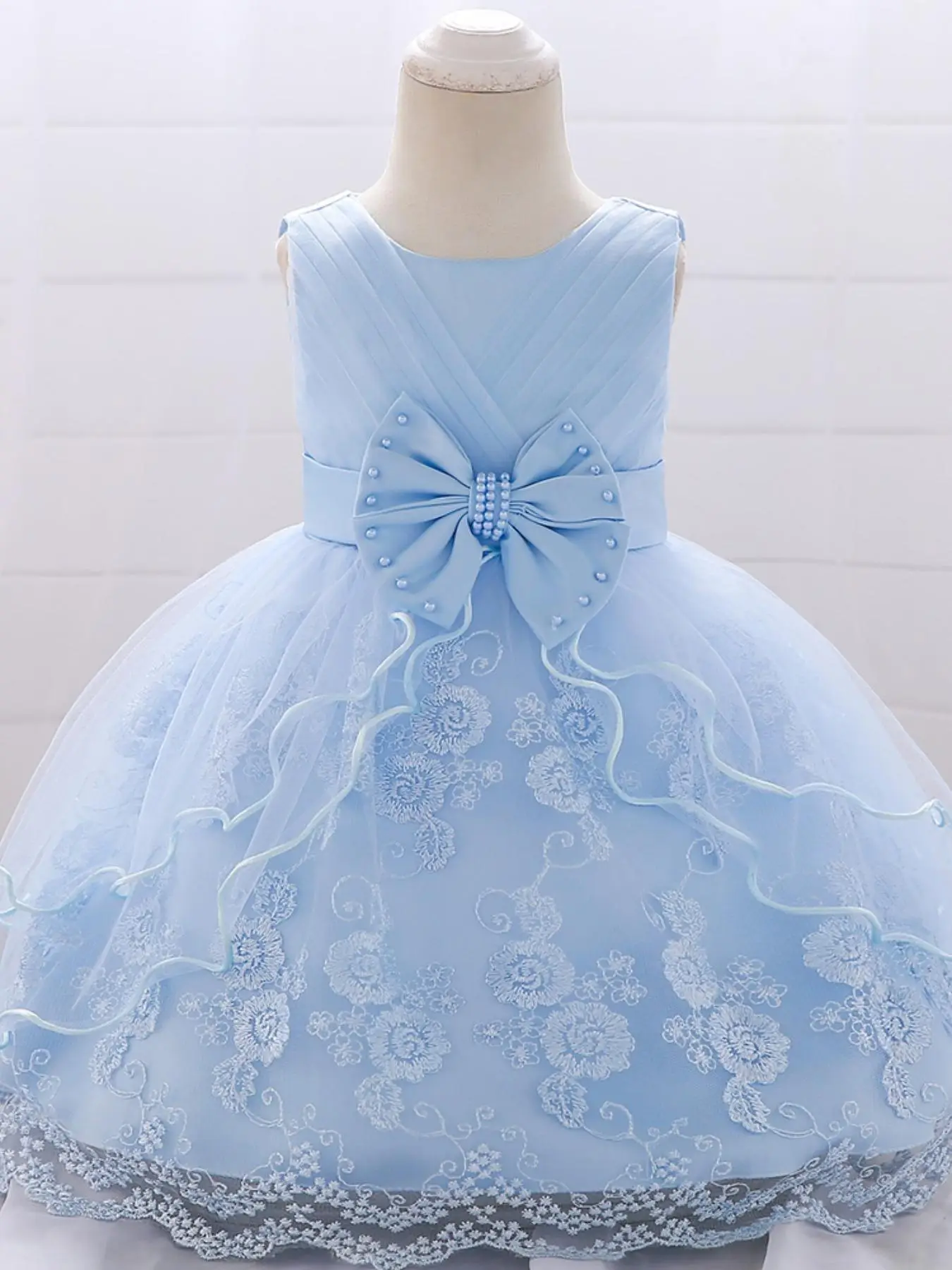 Girl's Floral Embroidery Zip Up Dress, Elegant Bow Decor Sleeveless Princess Dress for Party Wedding Guest, Kids Clothes for All Seasons