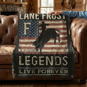 Collector's Edition Lane Frost 1987 Vintage Rodeo Throw Blanket, Heavyweight Faux Lamb Wool Texture, Bull Riding & Stars and Stripes Design