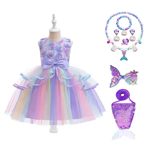 with Accessories 026 Lilac Rainbow Mermaid Cartoon Cosplay Costume Fancy Carnival Kids Clothes Performance Princess Theme Party Holiday Girls Ball Gown Children Cocktail Dress 4-9Y
