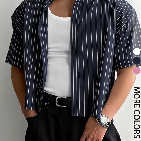 Men's Y2K pink striped short cropped short-sleeve shirt, casual loose lapel button-up top, Casual collared shirt, Classic Streetwear summer shirt, Casual Street Style, striped T-shirt for everyday wear, casual summer clothes, Menswear