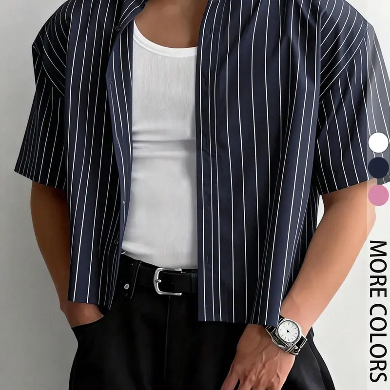 Men's Y2K pink striped short cropped short-sleeve shirt, casual loose lapel button-up top, Casual collared shirt, Classic Streetwear summer shirt, Casual Street Style, striped T-shirt for everyday wear, casual summer clothes, Menswear