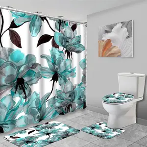 Floral Pattern Bathroom Decor Set, 4 Counts/set Including 1 Shower Curtain & 1 Toilet U-shape Mat & 1 Rectangular Mat & 1 Toilet Lid Cover, Bathroom Decor Supplies