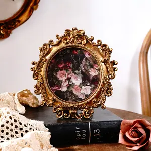 European-style Retro Gold Lace Decorated Round Photo Frame, Dual-use for Display or Wall Hanging, Vintage Photo Frame, Picture Frame