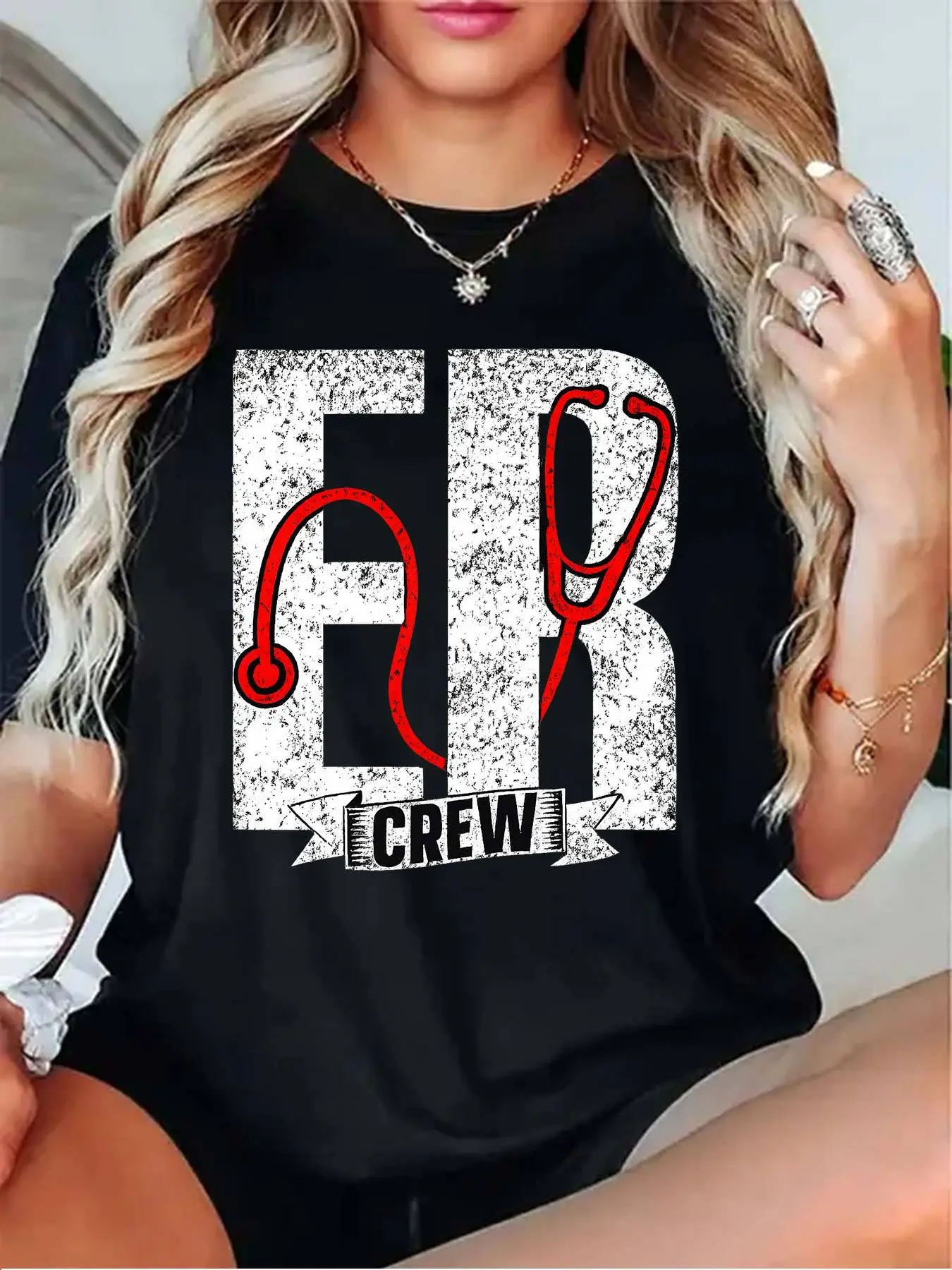 Women's Emergency Room (ER) Team Logo T-Shirt - Nursing & Hospital Staff Uniform Style with Stethoscope Design, Short Sleeve Round Neck Casual Workwear, Scribe Apparel (Black/Grey/White/Dark Red)