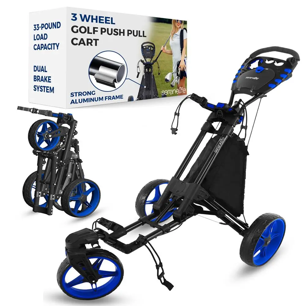3-Wheel Golf Push Cart - Lightweight Aluminum Foldable Trolley | Easy Fold Design with Cooler Storage, Adjustable Handle, Scorecard Holder & Bag Holder System for Golf Course Use - Compact Portable Golf Cart for Easy Transport