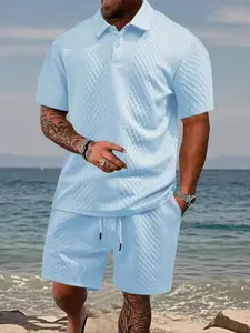 Men’s Jacquard Textured Turn-Down Collar Polo Shirt + Drawstring Shorts Summer Casual Two-Piece Set