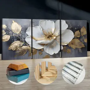 3Pcs Wooden Framed Canvas Painting, Gold Leaves And White Flower, Exquisite Poster, Home Decoration, Pattern Wall Art Decor, For Living Room, Bedroom, Office, Restaurant, Bar Wall Decor, Waterproof, Odorless, Painting, Print Artwork.