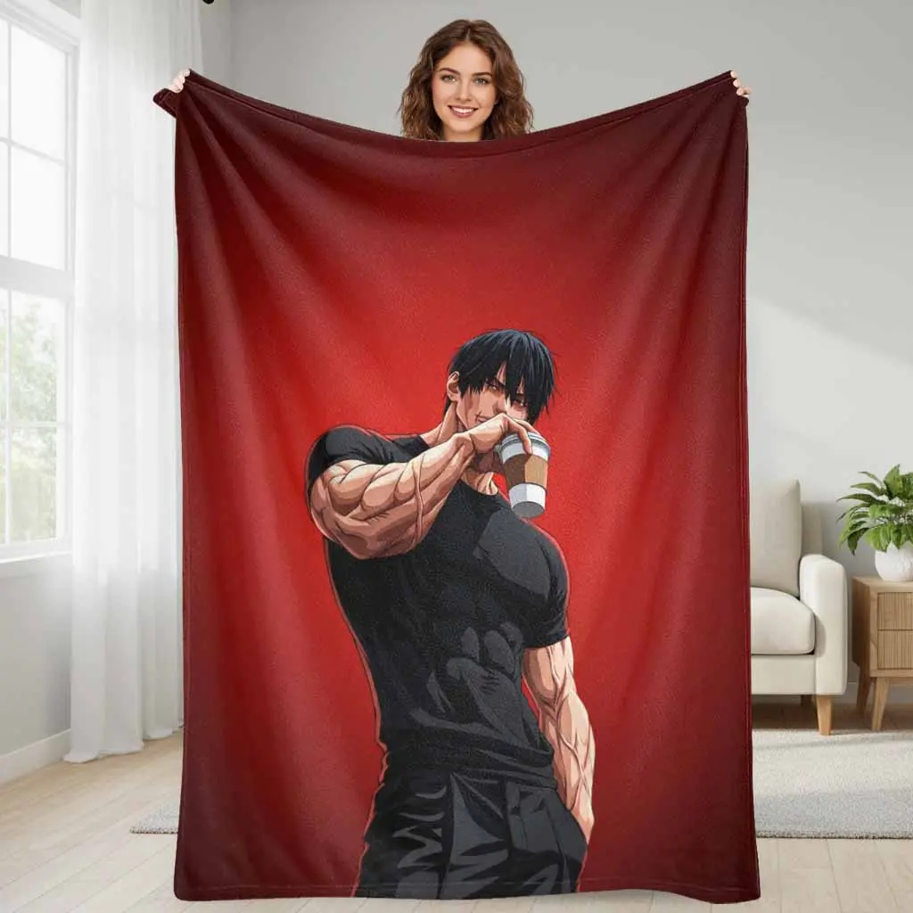 Anime Print Flannel Fabric Blanket - Fitness Theme Muscular Guy Design, Breathable Soft Lightweight Throw for Home/Office, Ideal Gift for Anime & Fitness Enthusiasts, Multi-Size