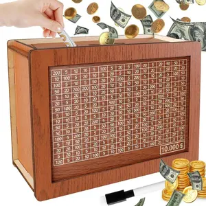 Cash Vault Wooden Savings Box, 10000 Savings Challenge Box Coin Counter Piggy Bank, Wooden Cash Savings Box with Money Target and Numbers For Adults Kids