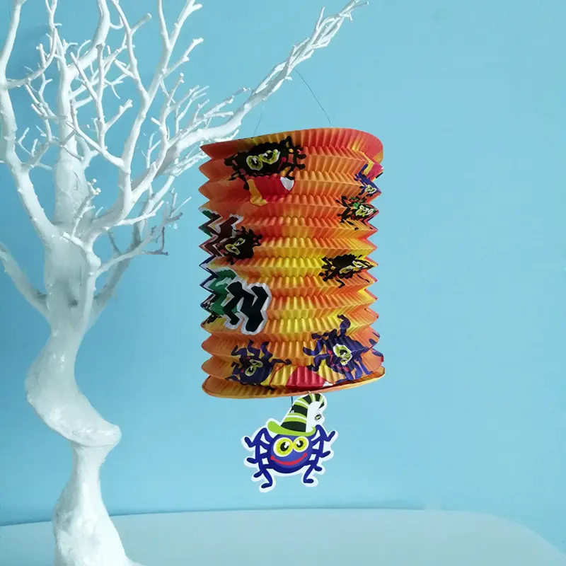 Halloween paper lanterns, foldable hanging paper lantern decorations, ceiling decorations for Halloween parties, paper lanterns with pumpkin, skull, and monster prints, indoor and outdoor hanging ornaments for Halloween, Halloween party supplies—paper lan
