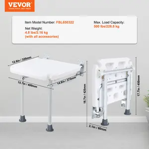 VEVOR Folding PE Shower Seat, 15.7''x 14.8'' Unfolded, Wall Mounted Fold Up Shower Bench with 500 lbs Load Capacity, Space Saving Fold Down Shower Chair for Seniors Pregnant Women Children Adults