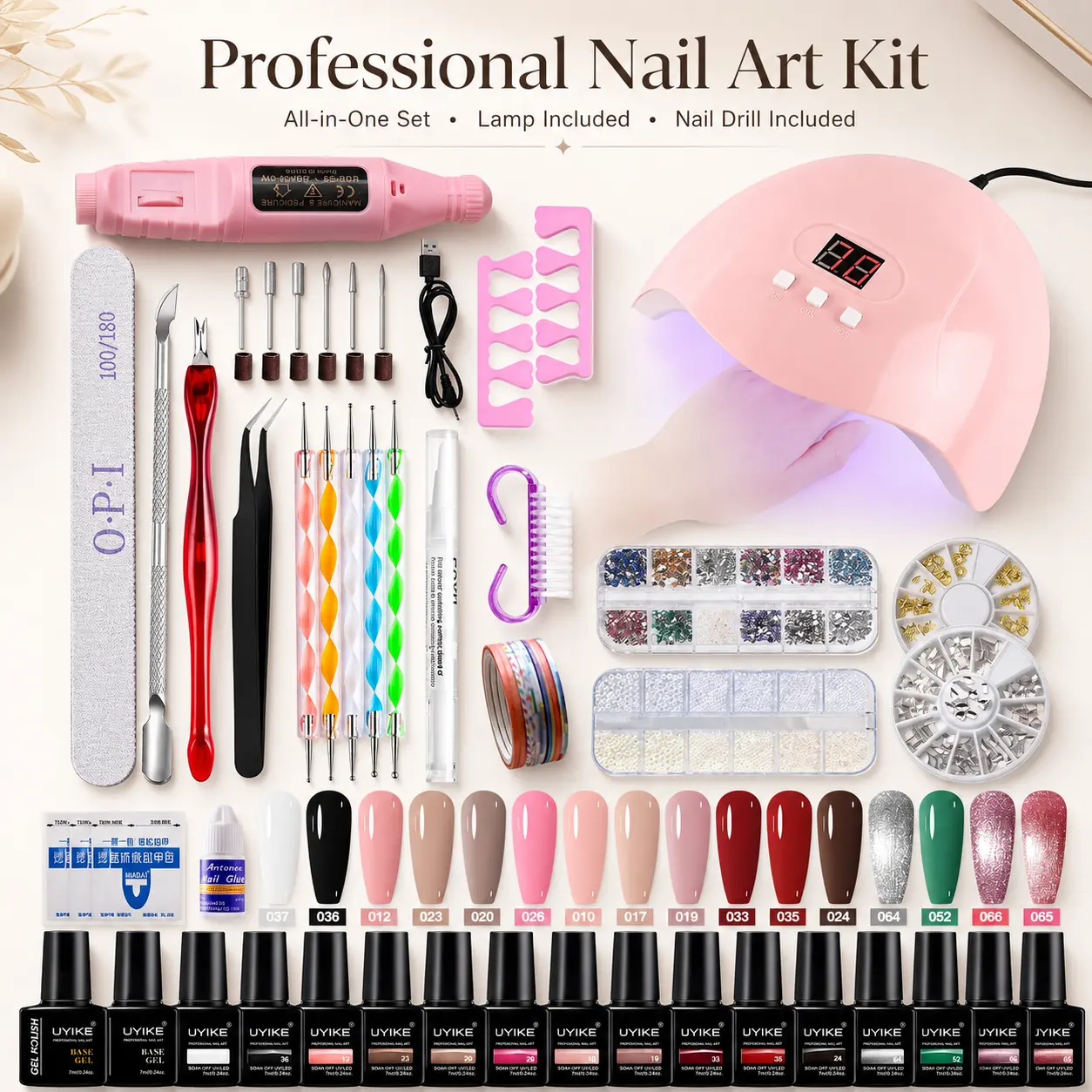 Complete Acrylic Nail Kit with UV/LED Lamp, Electric Nail Drill, Gel Polish, Nail Tips, Acrylic Powder, Nail Art Tools and Decorations for DIY Manicure
