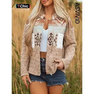 Women's Aztec Print Quilted Patchwork Jacket, Casual Elegant Western Style Stand Collar Coat, Winter Thick Outerwear with Chest Pockets, Womenswear, Fashion, Casual Fashionable Jacket