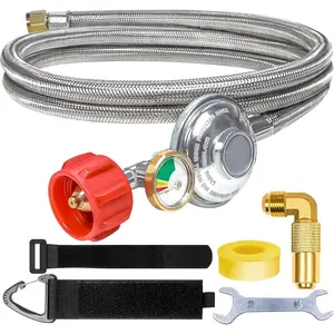 6Ft Stainless Braided  Regulator Hose with Gauge,QCC1 Low   Tank Extension Hose for 20lb Tank with Elbow Adapter for Blackstone Grill, LP Gas Grill,Heater Fire Pit Table