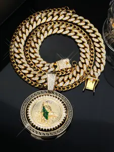 Saint Jude Pendant Necklace & Cuban Link Chain Necklace Set, Hip Hop Iced Out Necklace, Rhinestone Decorated Necklace, Street Style Jewelry for Men and Women