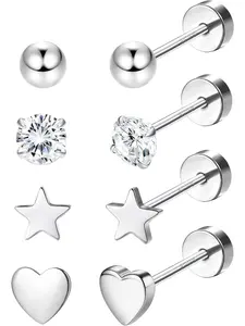 4 Pairs Solid 925 Sterling Silver Stud Earrings Set for Women Men Tiny Small Ball Heart Star Cubic Zirconia Earrings Hypoallergenic Cartilage Helix Ear Piercing Earrings, Heart Shaped Earrings Stud Earring Jewelry
