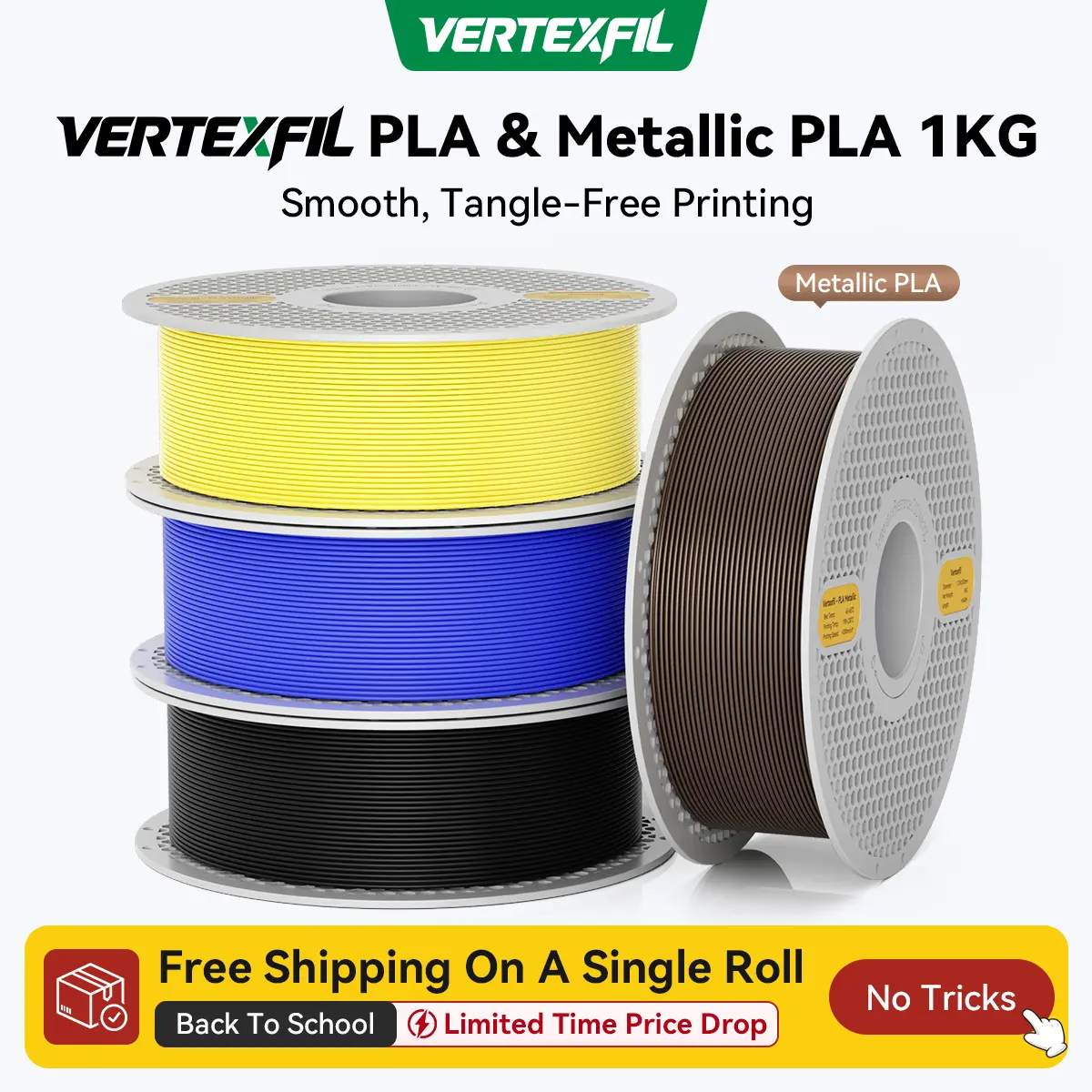 VERTEXFIL PLA 3D Printer Filament 1KG (2.2lb), 1.75mm, Detachable & Reusable Spool, Tangle-Free, High Precision ±0.02mm, Smooth Printing, Eco-Friendly PLA, Including Metallic PLA Colors, Compatible with Bambu Lab, Creality, Anycubic&Most FDM Printers
