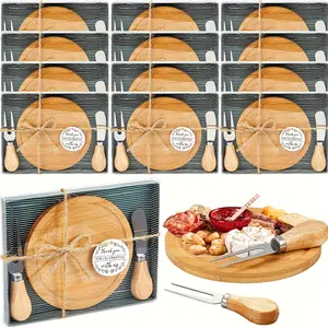 12 Sets Round Mini Wooden Charcuterie Board Gift Set, Bridal Shower Prizes Bulk with Cheese Knives, Forks&Thank You Tags, Pre-Assembled Gift Boxes for Wedding Party Guests, Perfect Housewarming&Christmas Hostess Gifts, Serving Platter Party Favors
