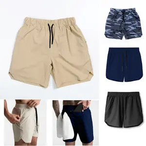 HIGH LEVEL Men Polyester Gym Workout Shorts with zipper pockets and drawstring - Beige, Black, Navy, Blue Camo