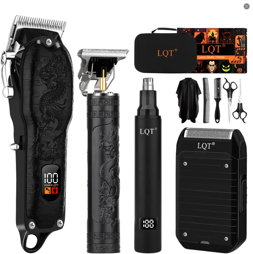 LQT 10-in-1 Men's Grooming Kit - FOC Vector Motor Hair Clippers with Vintage Dragon Carving Design, IPX7 Waterproof, LED Display, USB-C Charge, USB Power, ABS, Complete Barber Kit with Case & Scissors, Rechargeable Cordless Gift Set, Complete Kit tiktoksh