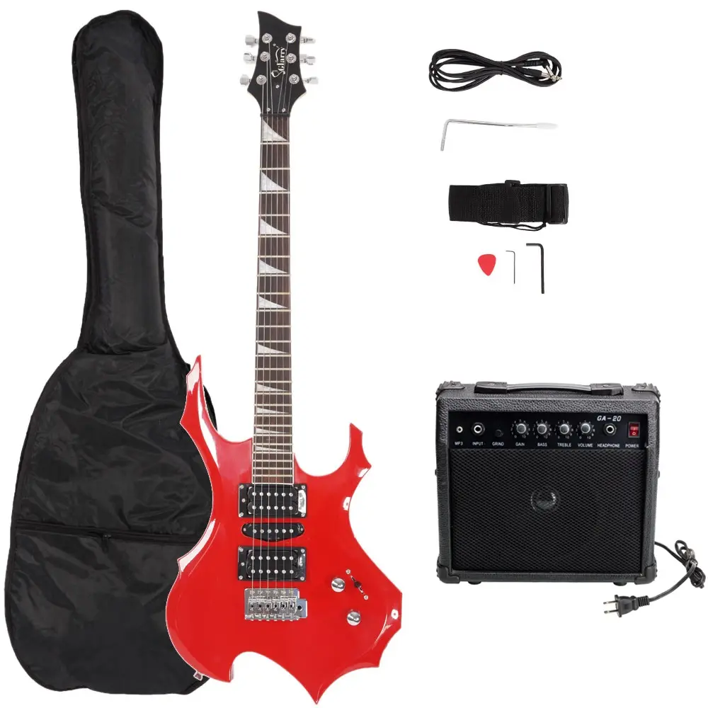 Red Flame-Shaped Electric Guitar Kit - 20W Pickup, Audio Bag, Strap, Picks, Snake Cable, Wrench Tool, Budget Musical Gift for Beginner Teens