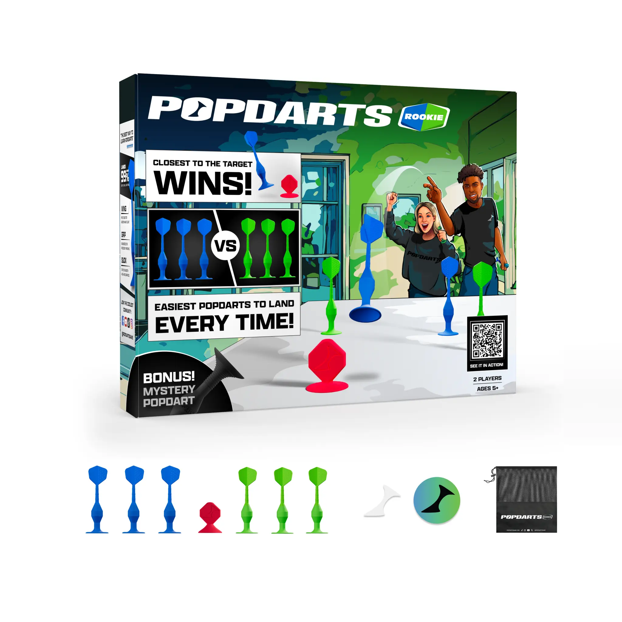 Popdarts Rookie Suction Cup Dart Set, Durable & Portable Indoor/Outdoor Game for Kids and Family, Beginner-Friendly, Blue & Green with Bag, Family And Friends