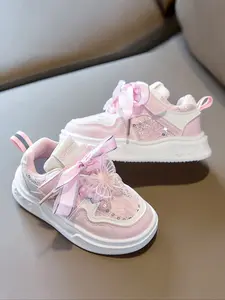 Girls' Colorblock Transparent Bow Sequins Lace Decor Sneakers, Anti-Slip Breathable Round Toe Low Top Velcro Flats for School & Outdoor Activities