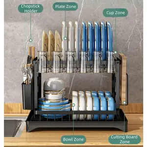 CookSide Dish Drying Rack, 1 Count 2-Tier Dish Rack With Drainboard, Dish Drainer Rack, 2-layer Foldable Tableware Drain Storage Rack, Kitchen Accessories, Home Decor Cutlery Metal Aesthetic Reusable Plastic