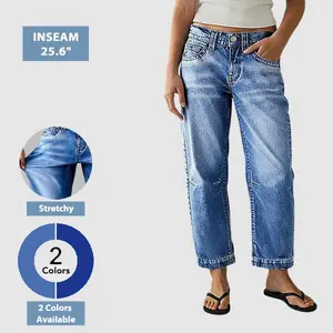 Flamingals Stitch Detail Mid Waist Straight Leg Crop Jeans Stretchy 25.6 Inseam