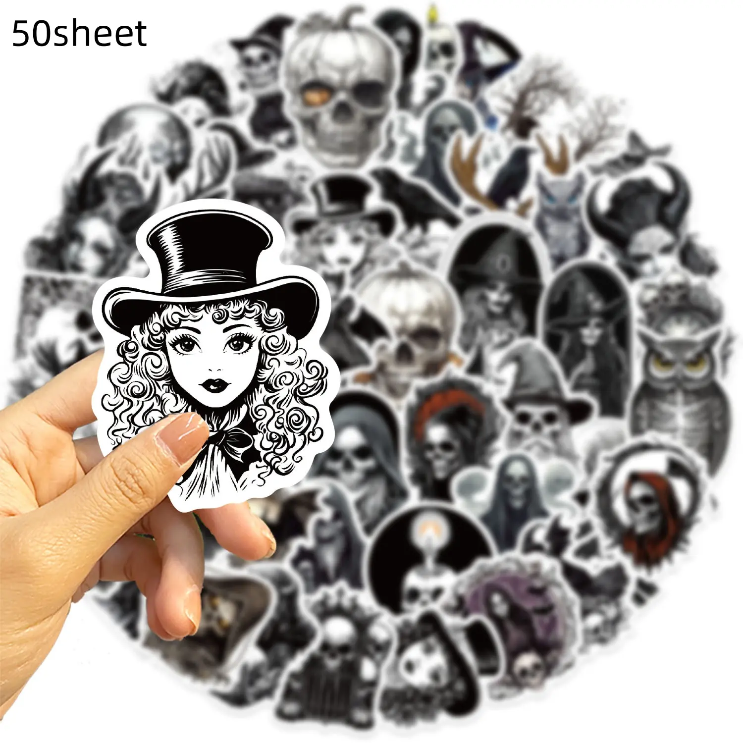 50 Vintage Horror Skull Pumpkin Stickers, DIY Decorative PVC Decals, Waterproof Phone & Cup Stickers, Suitable for Computer, Refrigerator