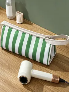 Off-White Striped Hair Dryer Organizer, Zippered Protective Travel Tote for Hair Dryer, Curling Iron and Everyday Essentials