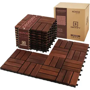 9Pcs Acacia Wood Interlocking Patio Deck Tiles, 12 x 12 x 0.9 Inch Outdoor Flooring, Waterproof for All-Weather Use – Crossed, Dark Brown