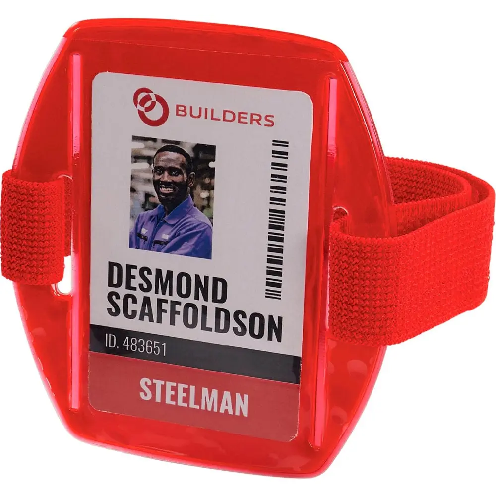 Ergodyne B3159260 Squids 3386 Unisex Functional Arm Band ID & Decal Holder with Vinyl Window, Red, One Size, Adjustable Length, Fits Arms Well, Easy Access for Warehouse Jobs