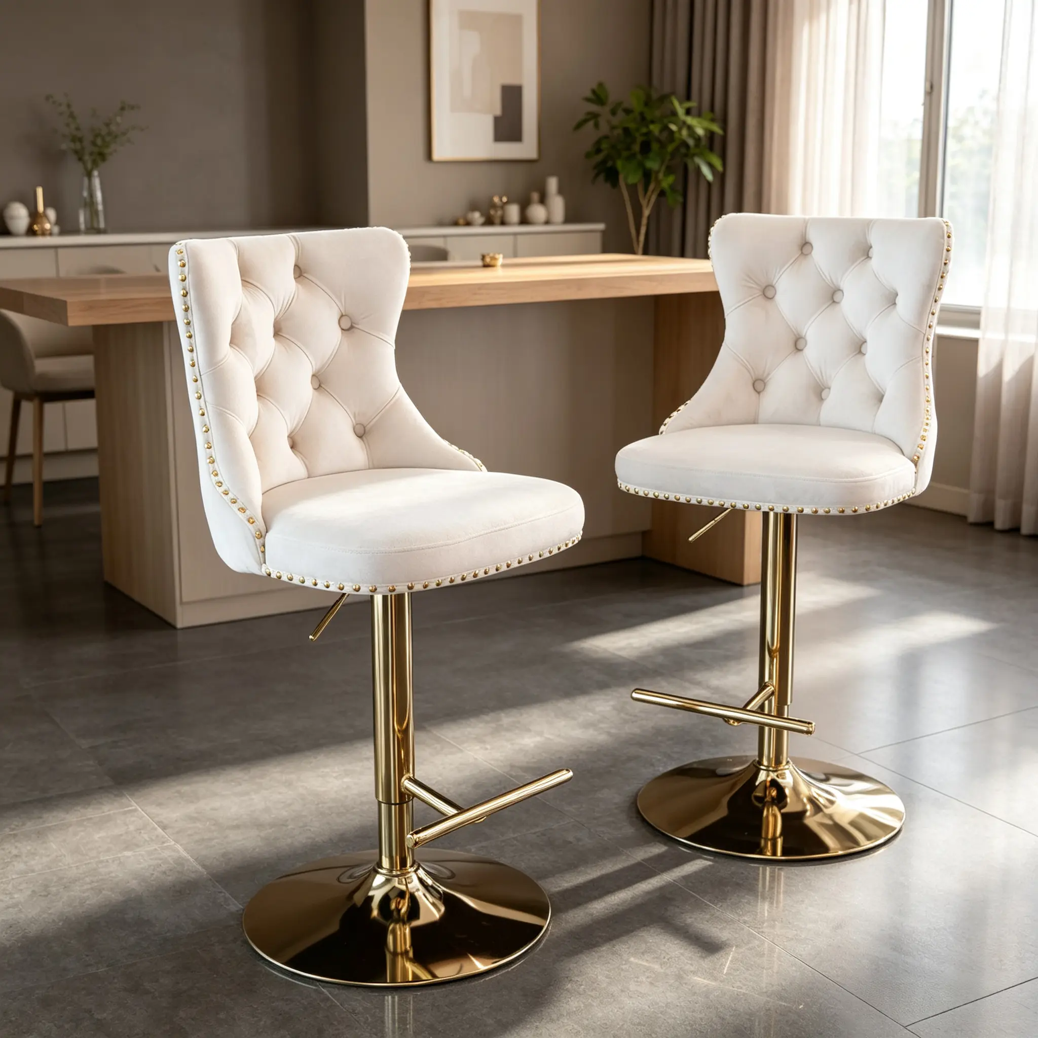 Set of 2 Modern Velvet Swivel Barstools - Adjustable Height (25-33in), Tufted Upholstered Back, 17.7in Sturdy Base, 3 Leg Finishes (Gold/Silver/Black) for Kitchen Island, Home Pub & Room Decor