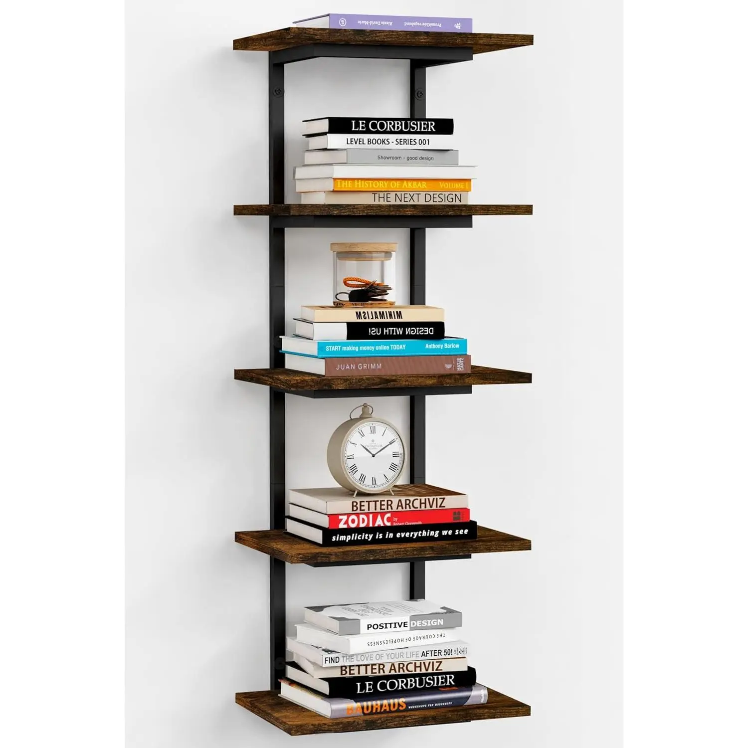Dark Brown 5-Layer Durable Wall-Mount Floating Shelf - Vintage Wood Grain Slim Floating Bookshelf, Book Storage & Storage System Shelf for Bedroom, Office Home Decor & Supplies