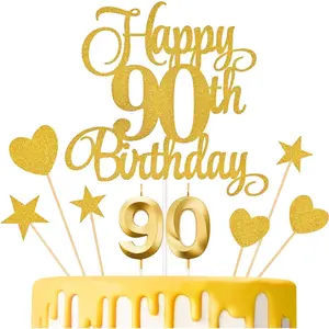 90th Birthday Cake Toppers, 90th Birthday Candles Numeral Candles and Glitter Cake Decorations Toppers Set for Party Supplies (Gold)