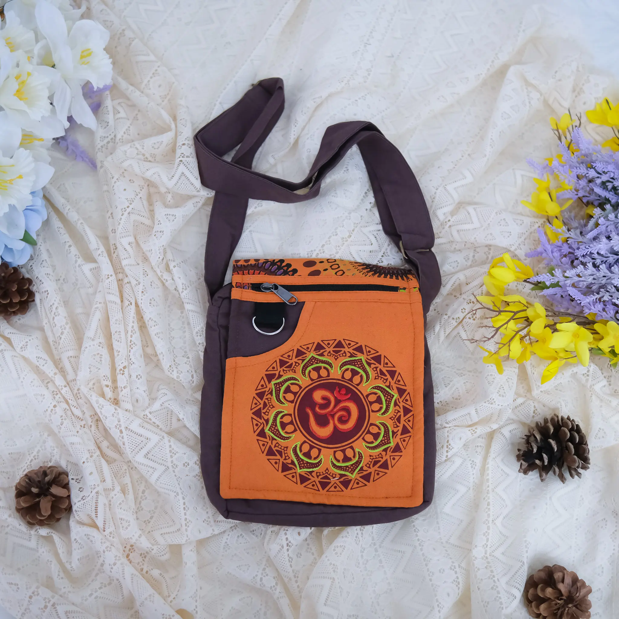 Boho Mini Side Bag, Handmade Cotton Om Crossbody Bag, Unisex Travel Bag, Multi Pocket Bags, Bohemian Hippie Bags, Hand embroidered  Bag